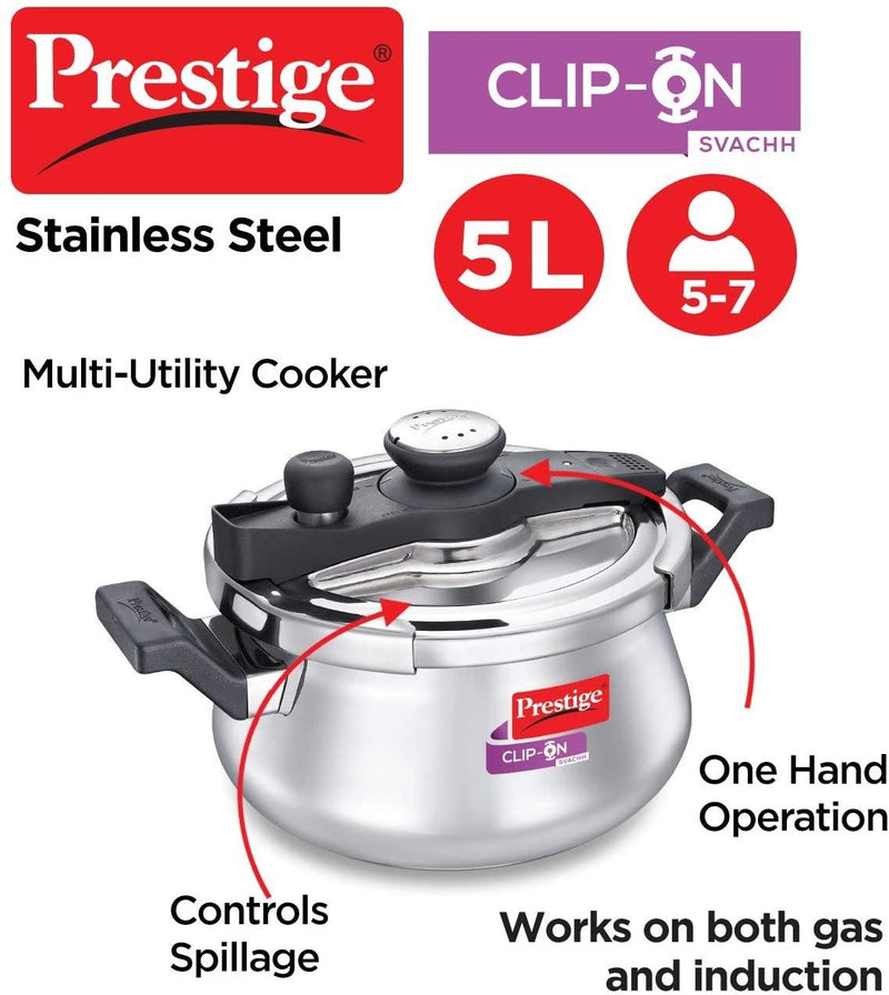 Prestige Clip On Svachh SS Pressure Handi 5 L with Glass lid - The Kitchen Warehouse