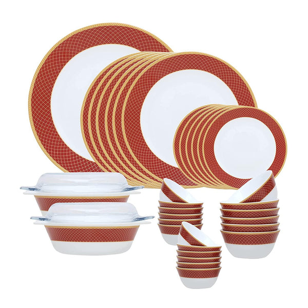 La Opala Sovrana Collection, Opal Glass Dinner Set 35 pcs, Regent red, White - The Kitchen Warehouse