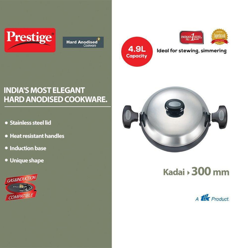 Prestige Hard Anodised Aluminium Kadai, 300 mm with Stainless Steel  lid - The Kitchen Warehouse