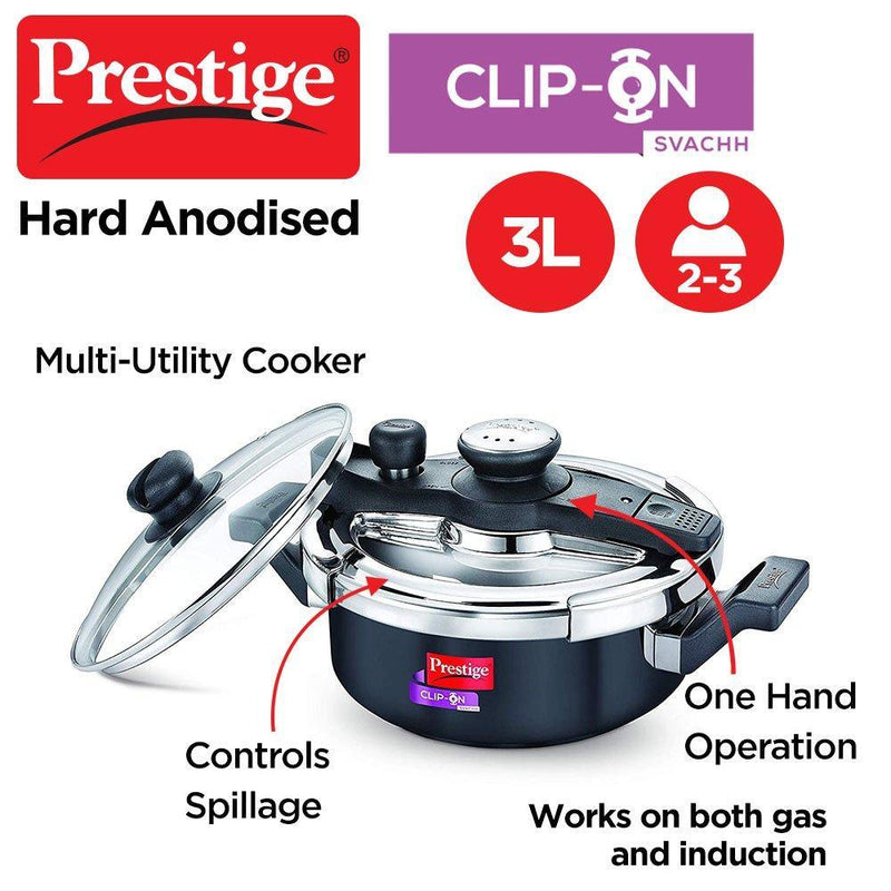 Prestige Svachh, 3 L, Hard Anodised Pressure Cooker, with deep lid for Spillage Control - The Kitchen Warehouse
