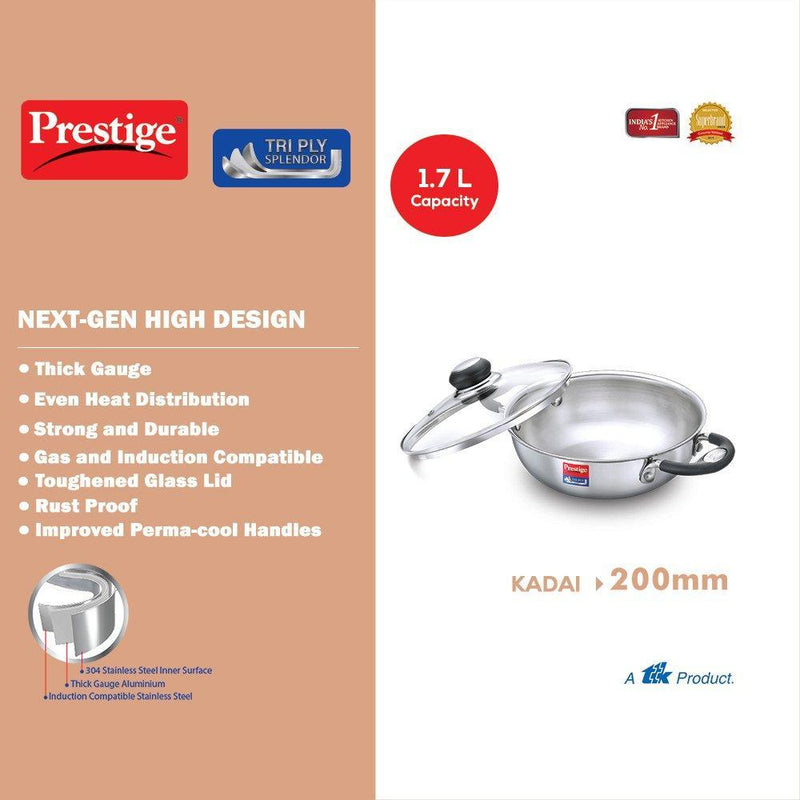 Prestige Tri Ply Splendor Kadai 200mm, 1.7 Litres - The Kitchen Warehouse