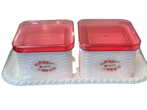 Dreamz Heavy Plastic Dry Fruit Set (2 Containers with Lid & 1 Serving Tray) Pink & White