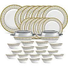 La Opala Diva, Sovrana Collection, Opal Glass Dinner Set 35 pcs, Moroccan Gold, White - The Kitchen Warehouse