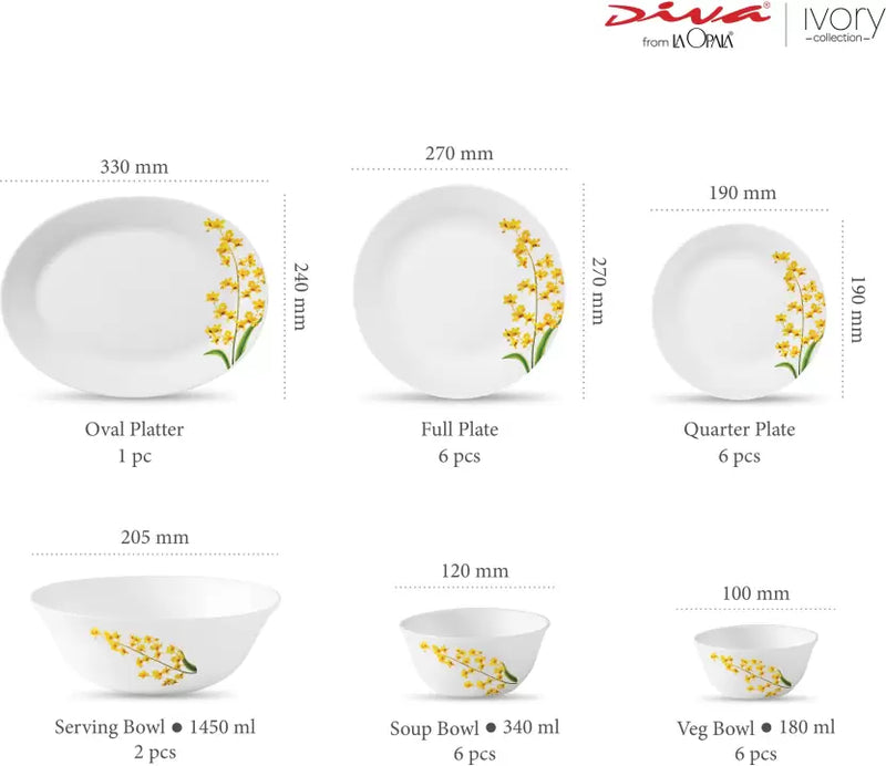 La Opala Yellow Grace Dinner set 27 pc set - The Kitchen Warehouse