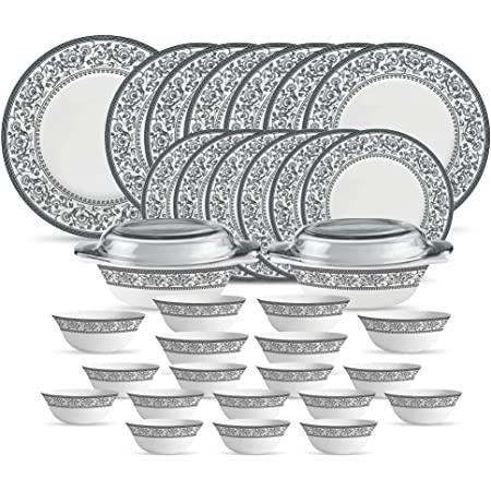 La Opala Diva, Sovrana Collection, Opal Glass Dinner Set 35 pcs, Persian Silver, White - The Kitchen Warehouse